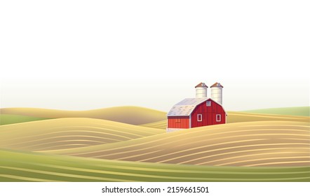 Rural landscape with a farm and agricultural fields. Vector illustration.