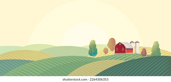 Rural landscape with a farm and agricultural fields. Vector illustration. svg