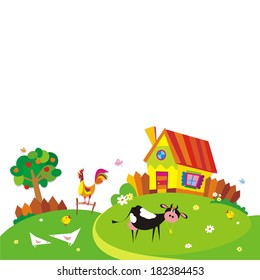 Rural landscape with farm animals. Vector illustration.