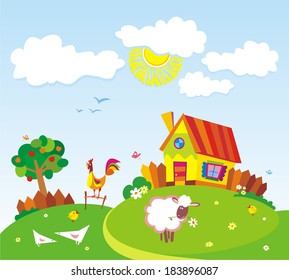 Rural landscape with farm animals. Vector illustration. 