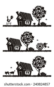 Rural landscape with farm animals. Vector silhouettes. 