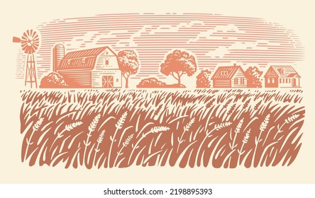 Rural landscape, farm barn and field sketch. Hand draw illustration