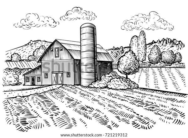 Rural Landscape Farm Barn Windmill Sketch Stock Vector (Royalty Free ...