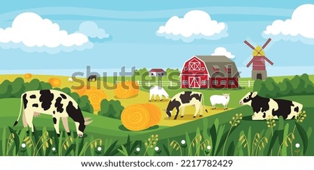 Similar – Image, Stock Photo Cows in a barn eating fresh grass from a farmer with a pitchfork