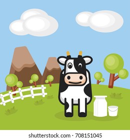 Rural landscape with farm dairy and Milk cans, background vector illustration. 