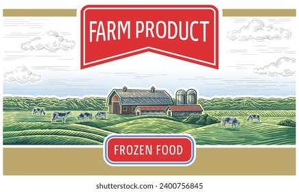 Rural landscape with a farm, decorated with design elements for possible use as a design for packaging products.