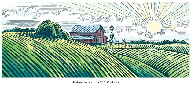 Rural landscape with a farm in engraving style and painted in color. Hand drawn Illustration and converted to vector fomat.