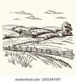 Rural landscape with a farm in engraving style. Hand drawn Illustration and converted to vector fomat.