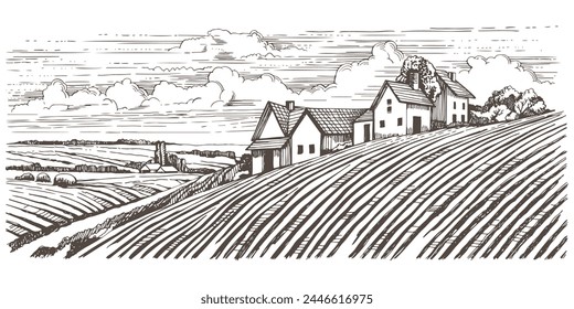 Rural landscape with a farm in engraving style. Hand drawn Illustration and converted to vector