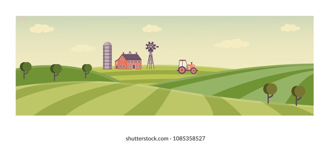 Rural landscape with farm field with green grass, trees. Farmland with house, windmill and working at crop land tractor. Outdoor village scenery, farming background. Vector illustration