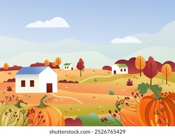 Paisaje rural, campos agrícolas y casas. Árboles de otoño, colinas y carretera. Calabazas maduras. Trabajo de otoño estacional, cosecha. Ilustración vectorial