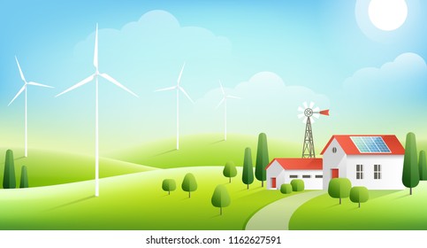 Rural landscape with farm in green hills. Solar panel on red roof of house and wind turbines. Vector illustration. Ecology concept of alternative energy