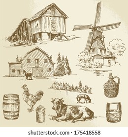 rural landscape, farm - hand drawn windmill and watermill