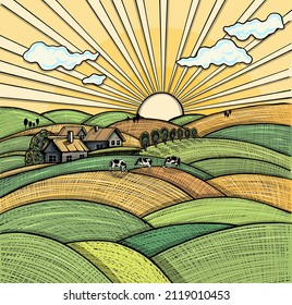 Rural landscape with a farm - Hand drawn