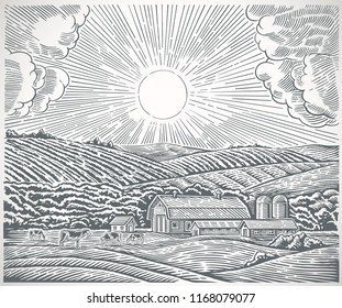 Rural landscape with a farm and with herd cows, drawn in engraving style.