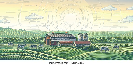 Paisaje rural con una granja y vacas de rebaño, pintadas con estilo de grabado.