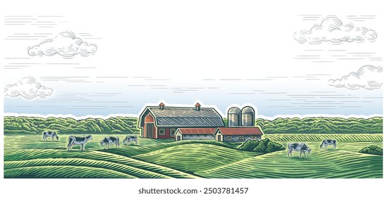 Rural landscape with a farm and with herd cows with dawn sun above the hills. Drawn in engraving style vector illustration.