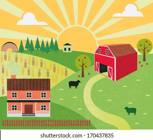 Rural landscape with farm and hills