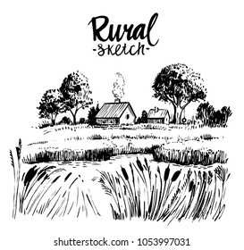 Rural landscape with farm house and lake. Hand drawn illustration converted to vector