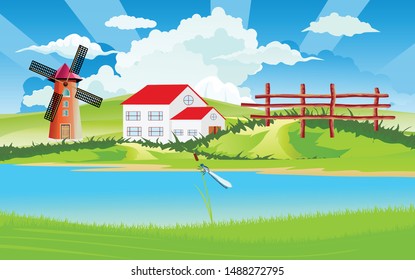 Rural landscape, farm houses on the riverbank, cottage house, countryside, vector illustration