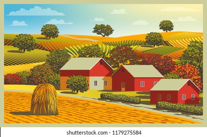 Rural landscape with farm, meadows, fields and trees in the background. Handmade drawing vector illustration. Flat design.