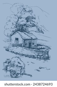 Rural landscape of a farm in the mountains. Ink sketch converted to vector