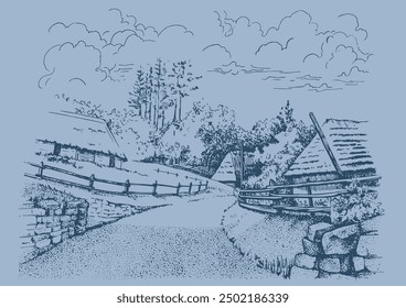 Rural landscape of a farm in the mountains. Ink sketch converted to vector
