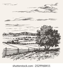 Paisaje rural con granja en prado. Grabado de estilo gráfico monocromo. Campo soleado de primavera con hierba o trigo. Agricultura, cosecha, concepto de viñedo. Ilustración retro para cartel, Anuncio, tarjeta