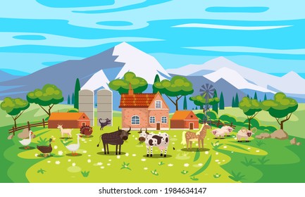 Rural Landscape farm scenery view, mountaines, green meadow, flowers, trees. Countryside nature, farm animals cow, sheeps, horse, bull, goose, duck, goat, buildings. Vector illustration