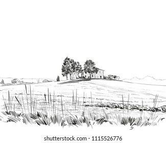 Rural Landscape. Farm Sketch Hand Drawn Vector Illustration. 