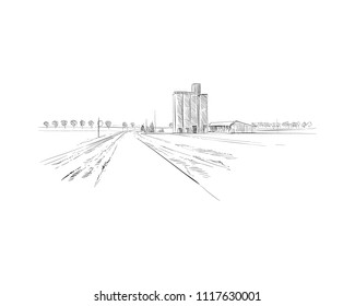 Rural landscape. Farm sketch hand drawn vector illustration. 