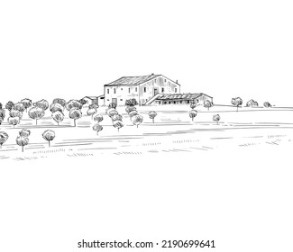 Rural landscape. Farm sketch hand drawn vector illustration. 