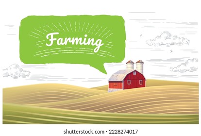 Rural landscape with a farm and speech bubble for comments, with a graphical painted sky with clouds.