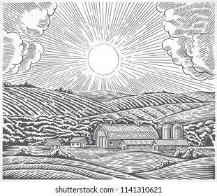 Rural landscape with a farm and with the sun in the sky, drawn in engraving style.