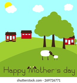 Rural landscape with farm, trees, hills, sheep and lamb standing opposite one another isolated on green background with lettering Happy Mother`s day decorated with ponytail and chamomile