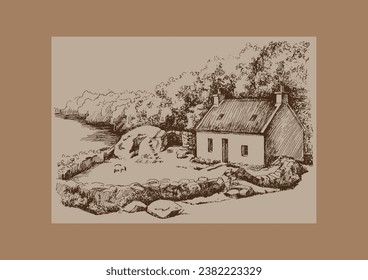 Rural landscape and farm. Vector hand drawn vintage engraved sketch.