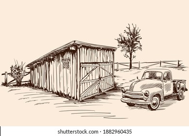 Rural landscape with a farm wagon next to an old barn with a closed gate. Hand sketch on a beige background.
