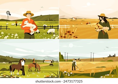 Rural landscape with farmers. Farm landscape with agricultural workers collecting crops on crop fields in flat style. Vector illustration. Female and male characters caring about farm animals