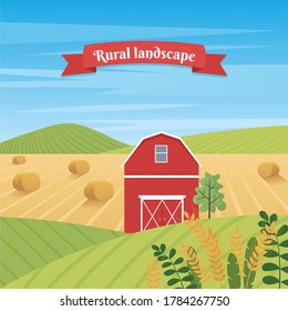 Rural landscape with farmhouse and ears of wheat. Vector illustration in flat style