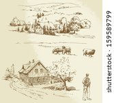 rural landscape, farming - hand drawn illustration