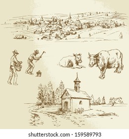 rural landscape, farming - hand drawn illustration