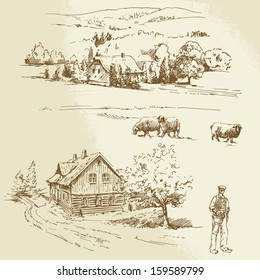 rural landscape, farming - hand drawn illustration