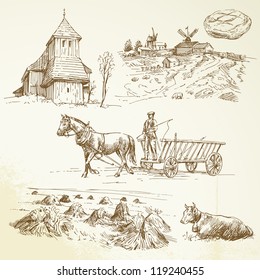 rural landscape, farming, haying - hand drawn collection