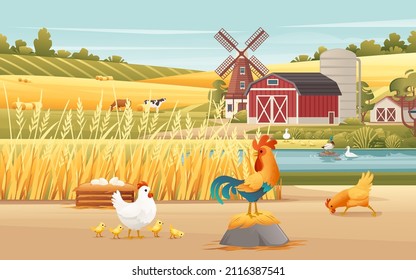 Rural landscape farmland grain field with windmill and chicken nest agricultural buildings sunny day vector countryside illustration