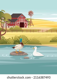 Rural landscape farmland with pond and agriculture buildings sunny day ducks in pond vector countryside illustration