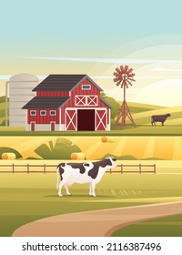 Rural landscape farmland with windmill and agriculture buildings sunny day vector countryside illustration