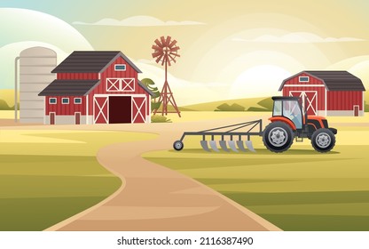 Rural landscape farmland with wooden barn and mill tractor works on field sunny day vector countryside illustration