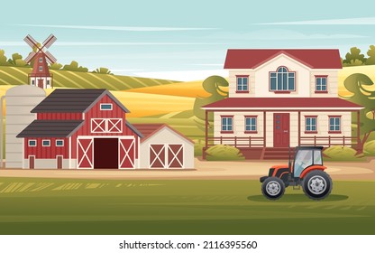 Rural landscape farmland with wooden barn and mill tractor works on field sunny day vector countryside illustration