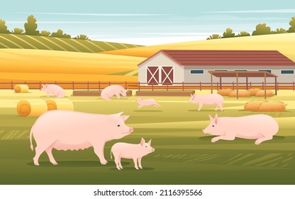 Rural landscape farmland with wooden barn and pings on field sunny day vector countryside illustration