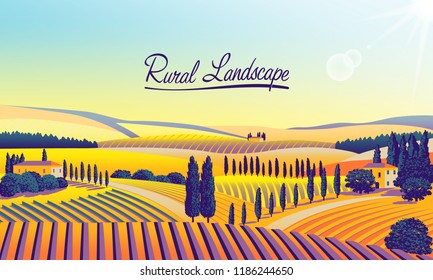 Rural landscape with farms, meadows, fields, trees and forests in the background. Handmade drawing vector illustration. Flat design. Can be used for making banners, posters, advertising, etc.